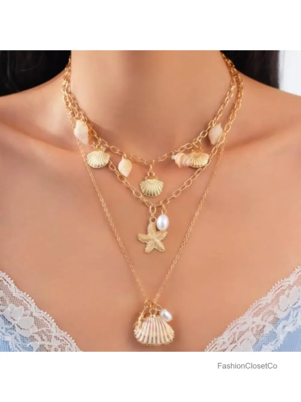 Layered Pearl Starfish Shell Necklace Gold Seastar Seashell Chain Choker Beach